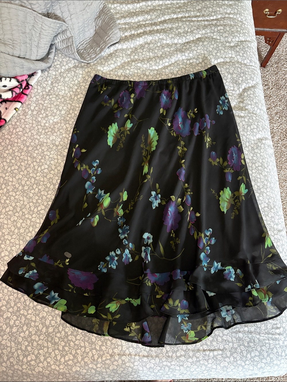 R&K Black Midi Skirt with Purple and Green Floral Print